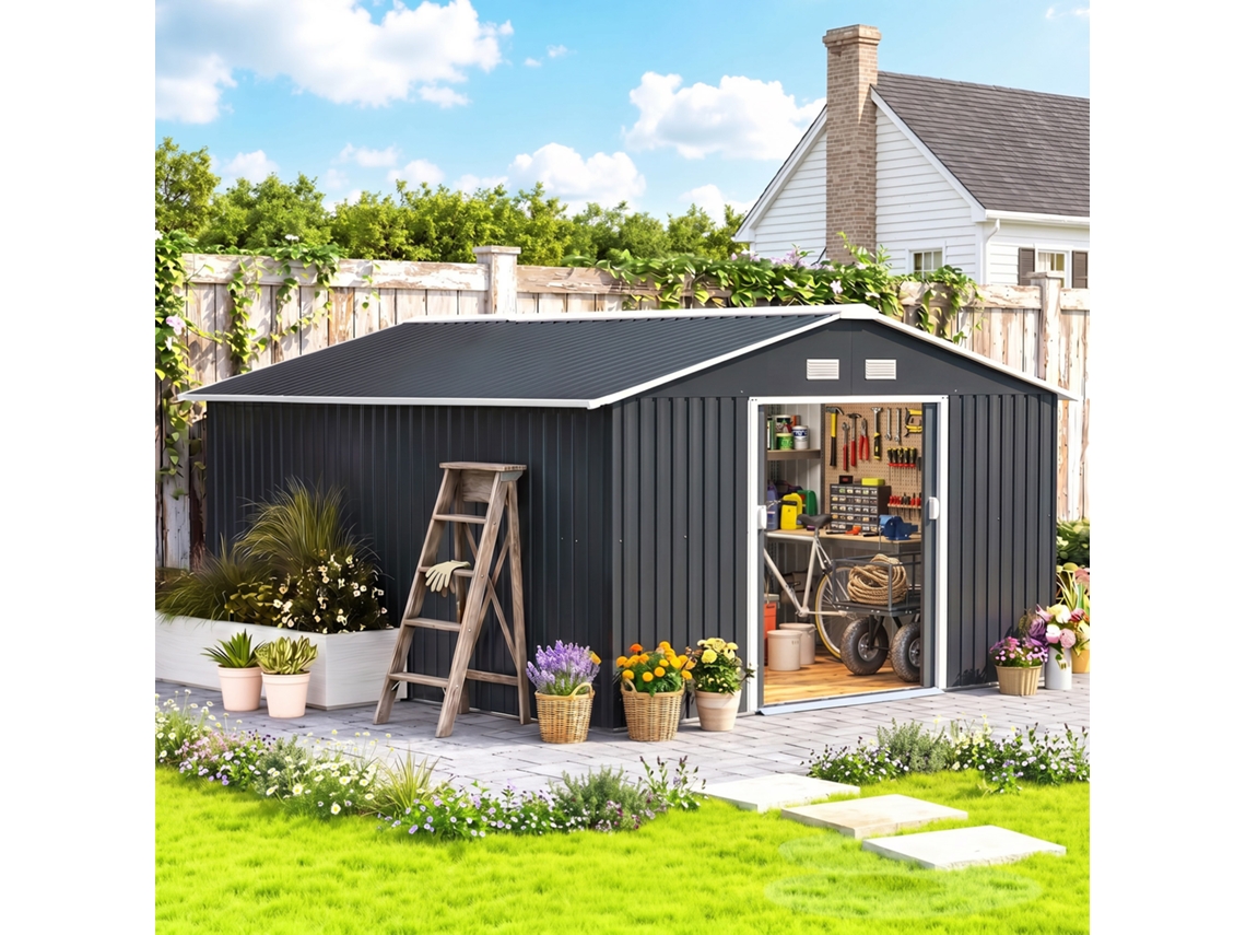 Abrigo de Jardim Metálico 340x386x20 0cm Refúgio para Armazenamento Ferramentas com Base Reforço Incluida Cinza