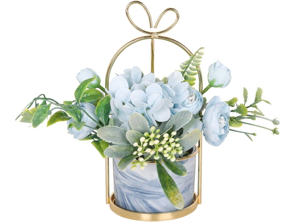 Arranjo de Flores Artificiais de Seda com Vaso, Hortênsias e Crisântemos Artificiais para Casa e Casamento AQUAFORGE