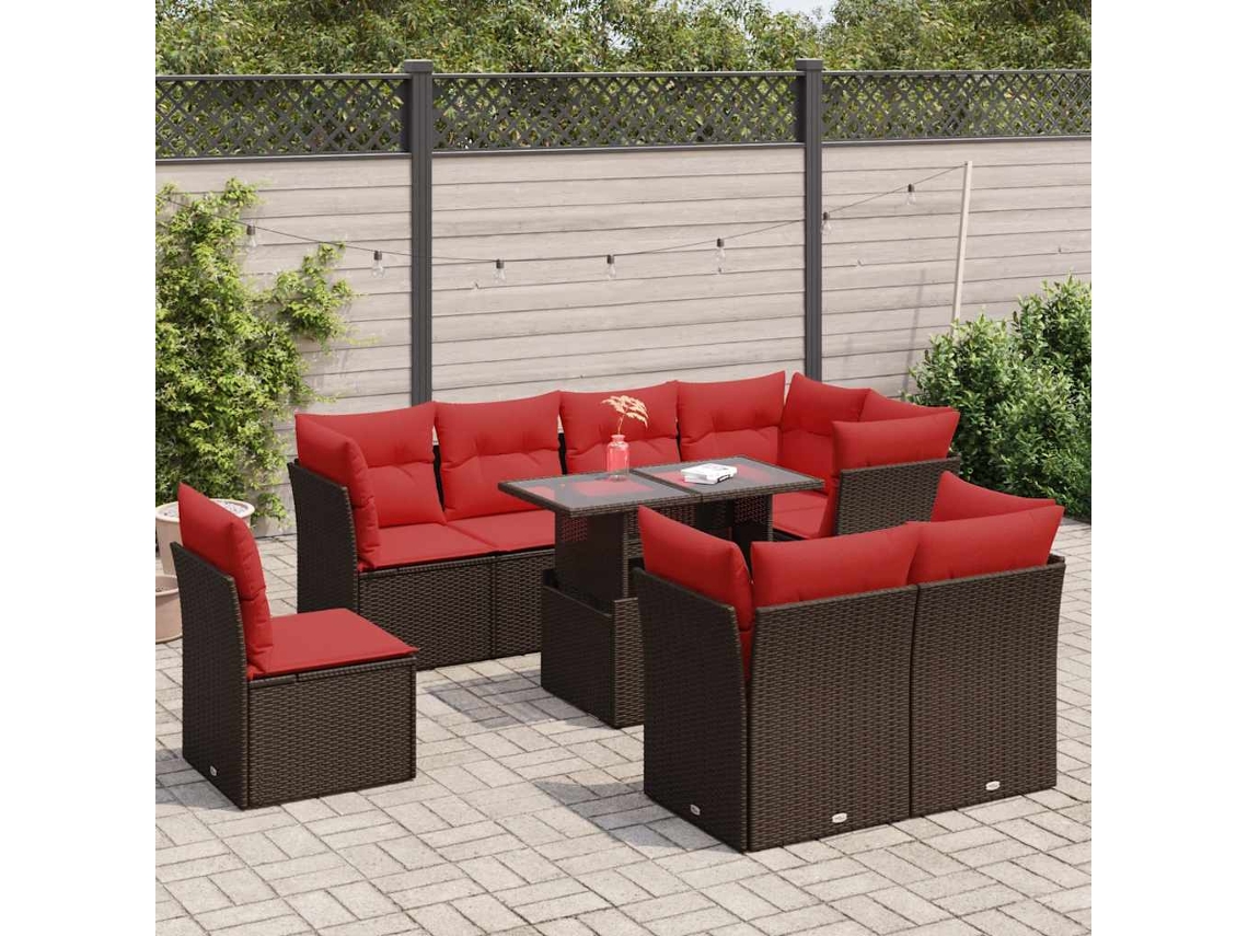 Vidaxl 9 Pcs Conj. Sofás Jardim C/ Almofadões Vime Pe/acácia Castanho