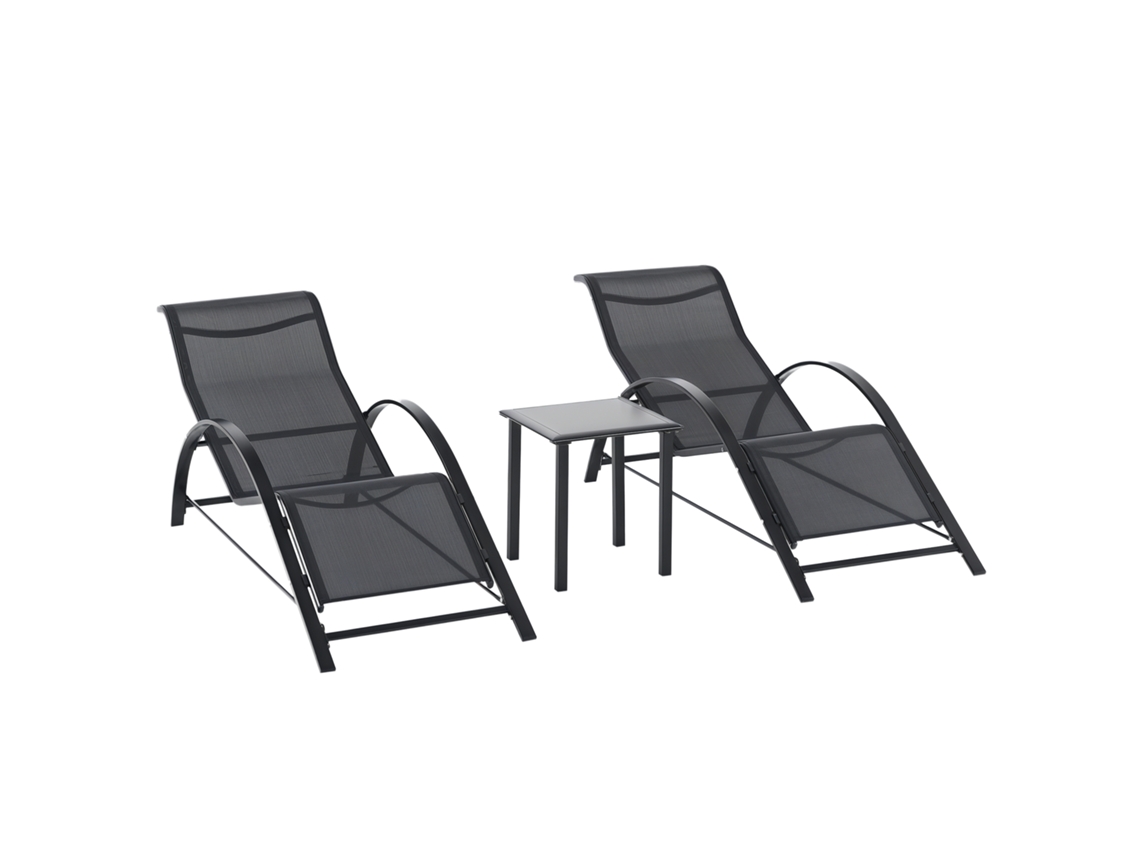 Conjunto de 2 espreguiçadeiras chaise longue, mesa de centro em vidro temperado, Preto | S/MARCA