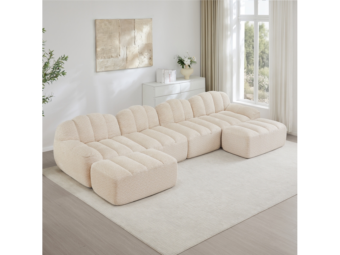 Sofá Modular Em U De 4 Lugares Com 2 Pufes, Formato Concha, Espuma 32d De Alta Densidade, Assento Profundo, Tecido Macio, Bege E Branco