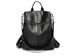 Mochila de Couro Pu Leve com Múltiplos Bolsos Preta