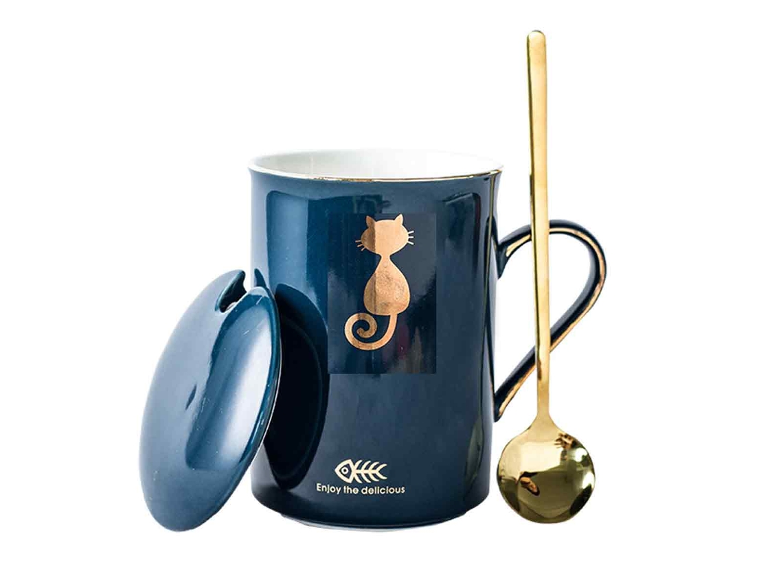 Caneca Cerâmica 350Ml com Colher e Tampa Caneca Criativa para Casal NEVEANCE