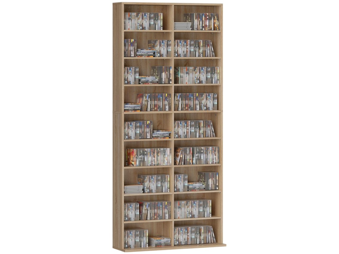 Armário para CDs e DVDs, 18 Compartimentos, Capacidade 640 CDs, 430 Blu-rays, Madeira, 78,5x24x175cm, Natural | S/MARCA