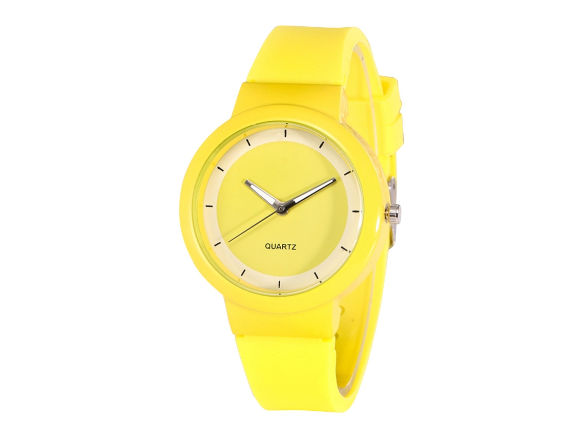 Relógio de Pulso de Silicone Analógico com Mostrador Redondo, Movimento de Quartzo Amarelo