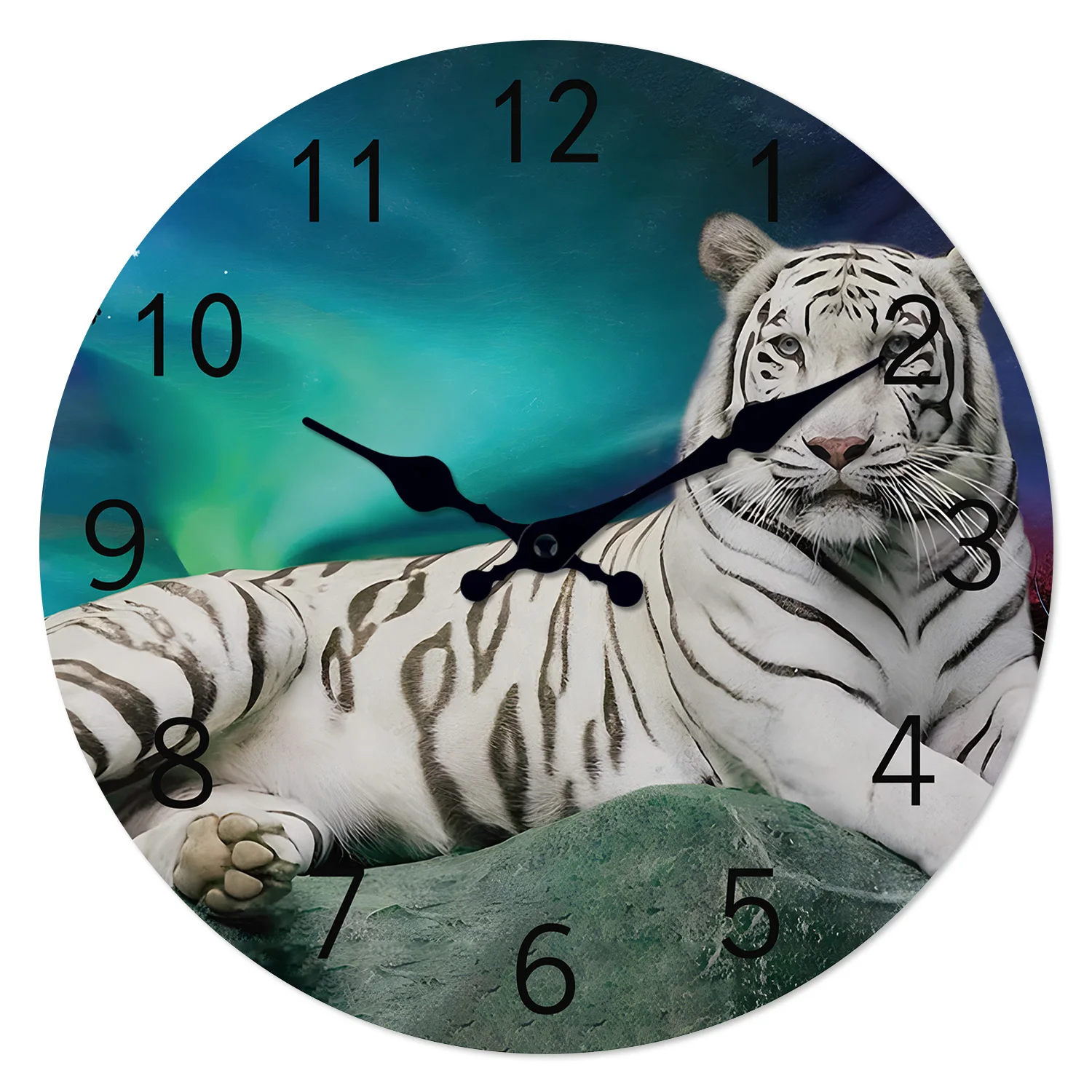 Relógio De Parede Moderno De Madeira Com Tigre Branco (16 Polegadas), Relógio De Quartzo Silencioso