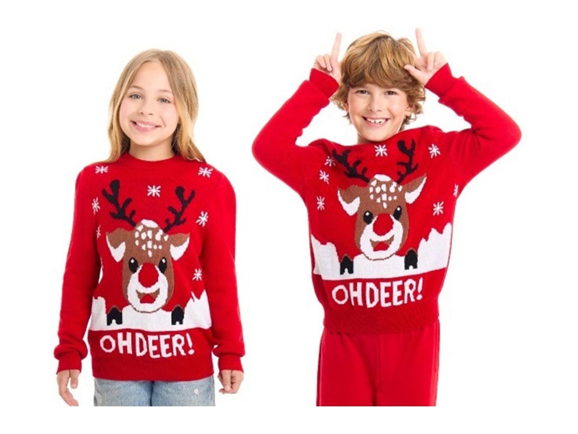 Suéter de Natal Oh Deer Vermelho com Renas para Crianças