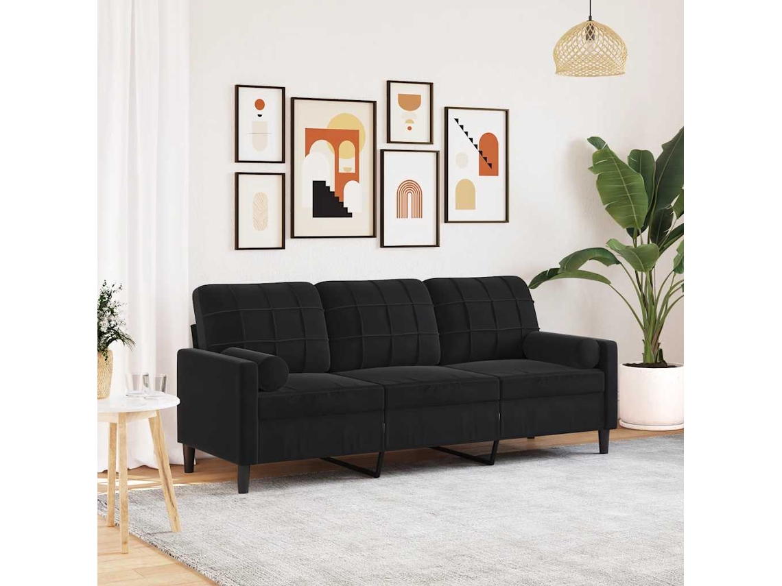Vidaxl Sofá 3 Lugares C/ Almofadas Decorativas 180 Cm Veludo Preto
