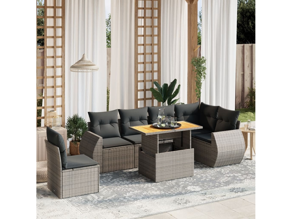 Vidaxl 7 Pcs Conjunto Sofás P/ Jardim C/ Almofadões Vime Pe Cinzento