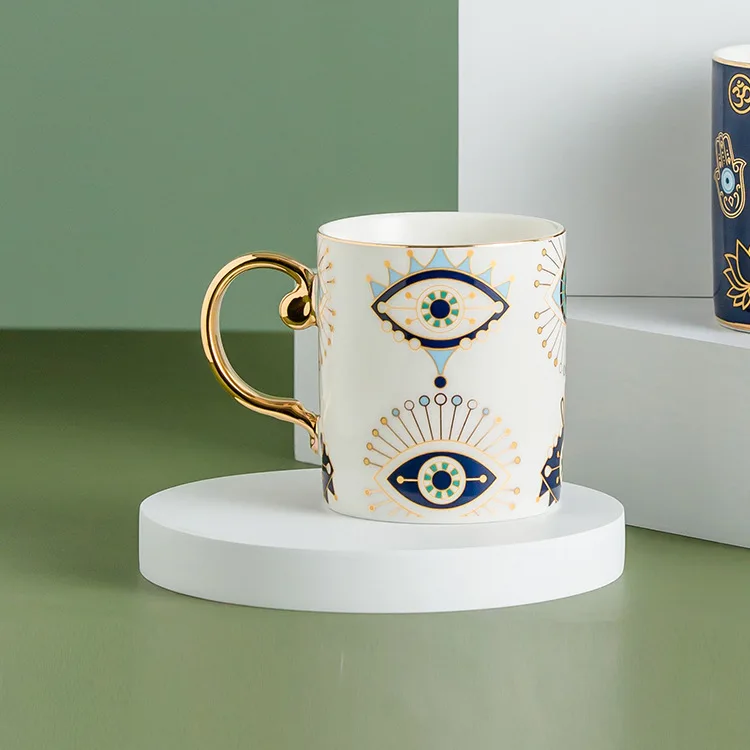 Caneca de Café de Cerâmica com Olho Grego Nórdico , Caneca de Luxo para Escritório com Borda Dourada. MDUG (estilo E, 300 Ml)