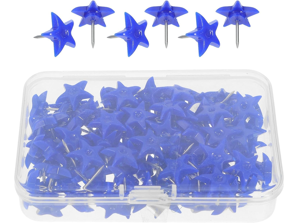 Conjunto Luxshiny de 100 tachinhas em Formato Estrela para Quadros Cortiça, Azuis, Plástico e Ferro Feitas, Duráveis