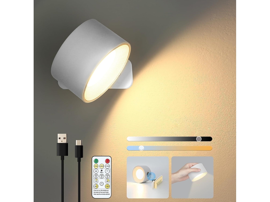 Candeeiro De Parede Recarregável Via Usb – Luz De Leitura Led Para Cabeceira, Portátil, Luz Noturna Com Ajuste Por Toque – Branca