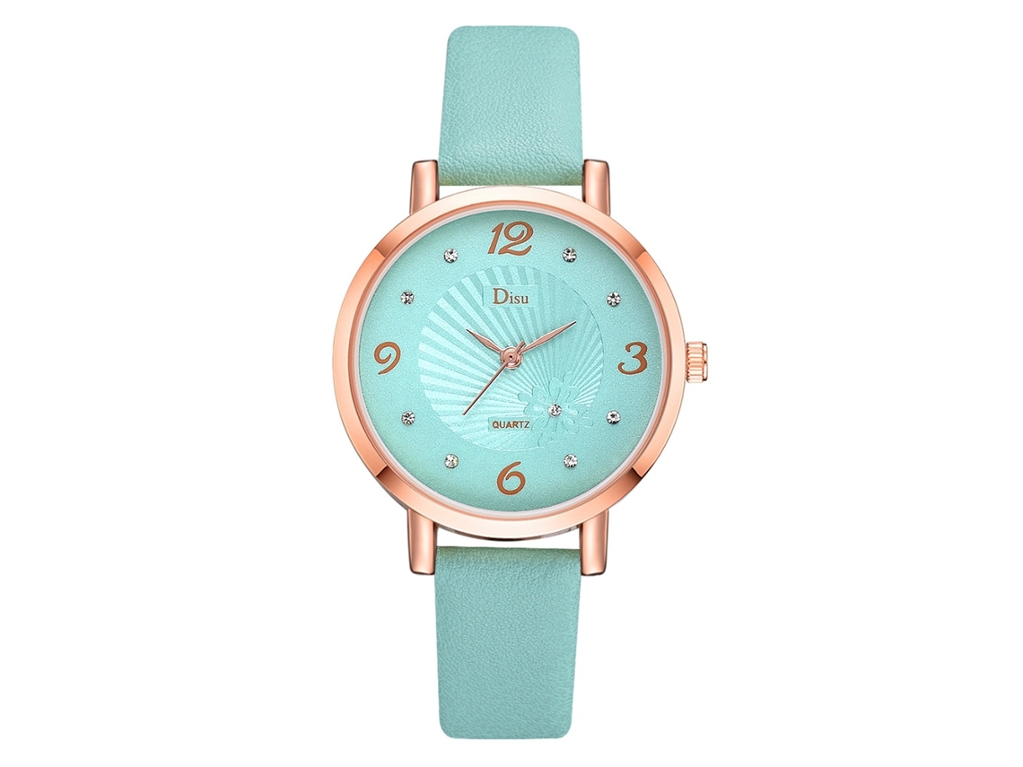 Relógio Feminino de Quartzo Simples com Pulseira de Couro Artificial Azul Céu