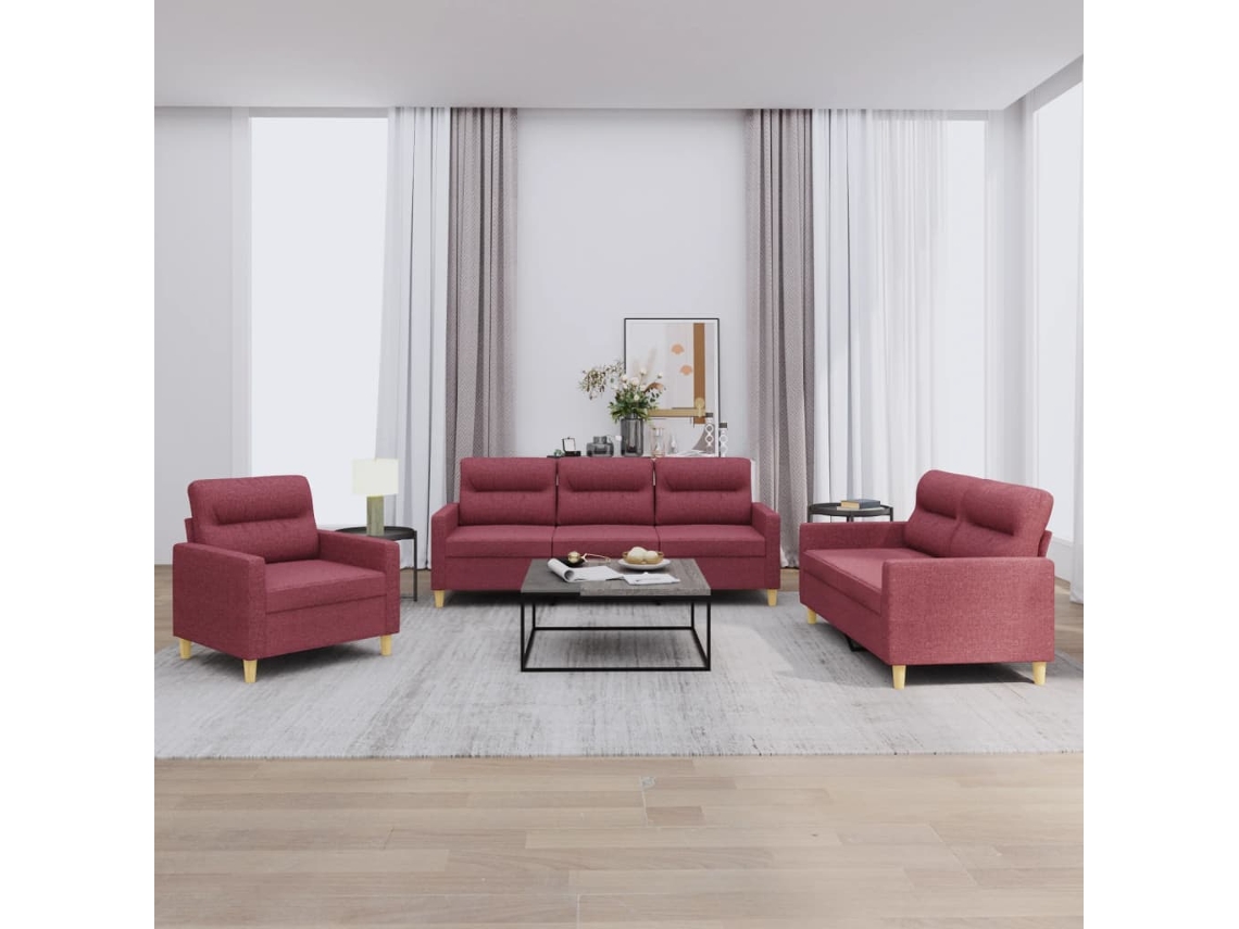Vidaxl 3 Pcs Conjunto De Sofás Com Almofadões Tecido Vermelho Tinto