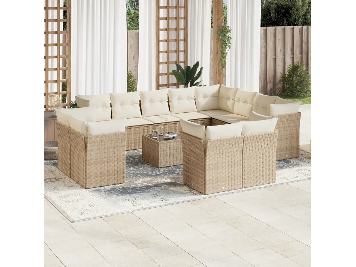 Vidaxl 13 Pcs Conjunto De Sofás P/ Jardim Com Almofadões Vime Pe Bege