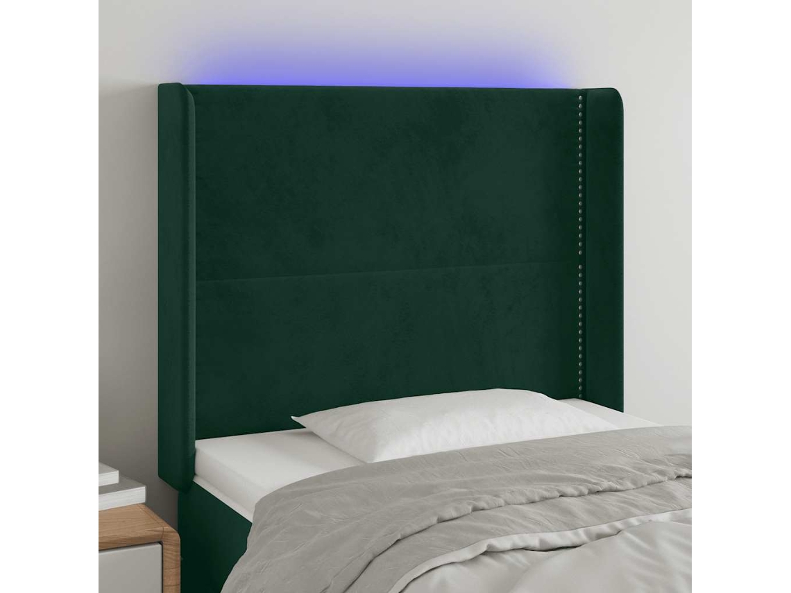 Vidaxl Cabeceira Cama C/ Luzes Led Veludo 93x16x118/128cm Verde-escuro