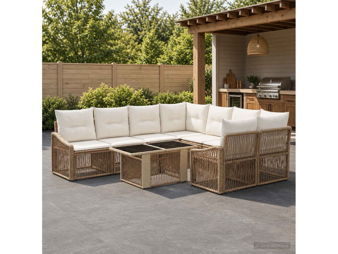 Vidaxl Conjunto De Sofá De Jardim 9 Unid. Bege E Branco Creme Vime Pe