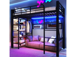 Cama Alta 90x200 Cm Com Ferro Prateleira Rede Barra Roupas Led Preto