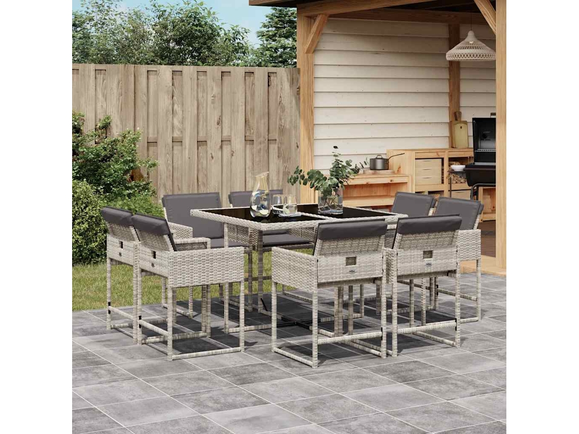 Vidaxl 9 Pcs Conjunto De Jantar P/ Jardim C/ Almofadões Cinzento Claro