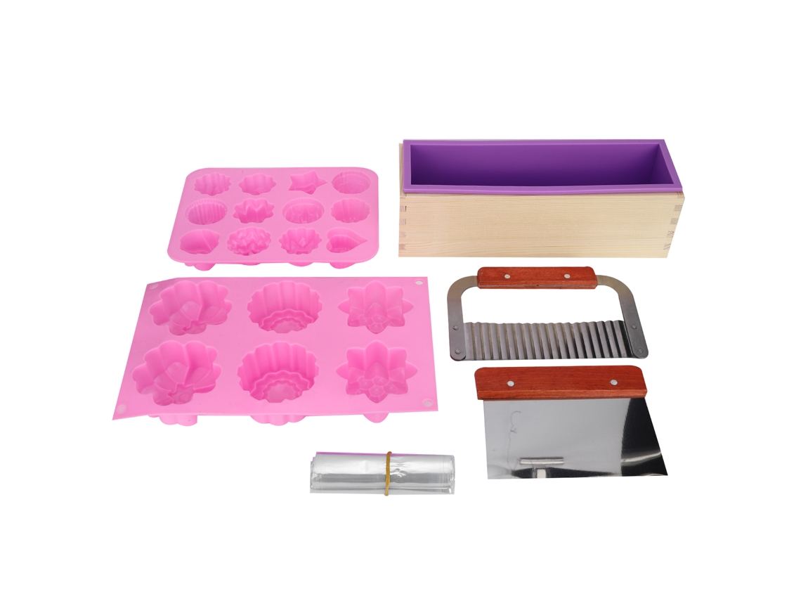 Kit de Moldes de Sabão Artesanal Silicone com Caixa de Madeira e Cortadores Ondulados e Retos | S/MARCA