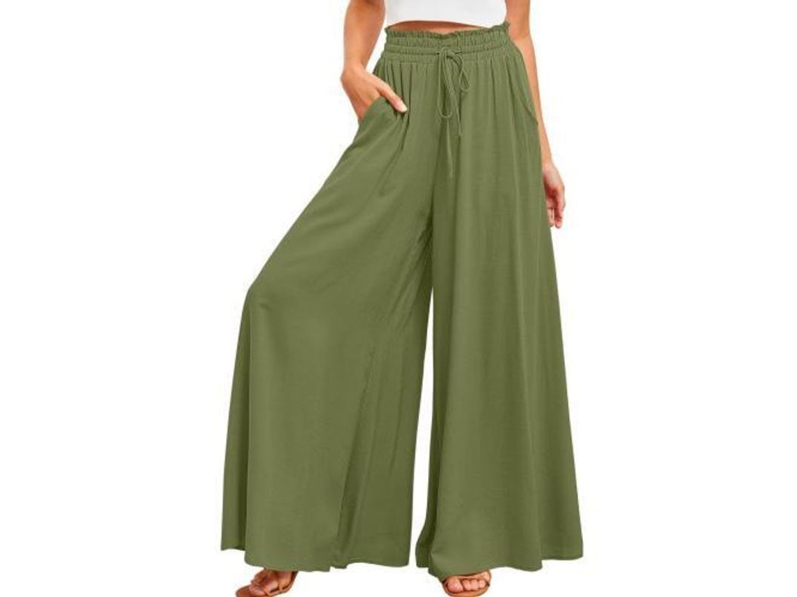 Calça feminina Rebe casual com cintura elástica, pernas largas e bolsos, tamanho XL, verde militar.