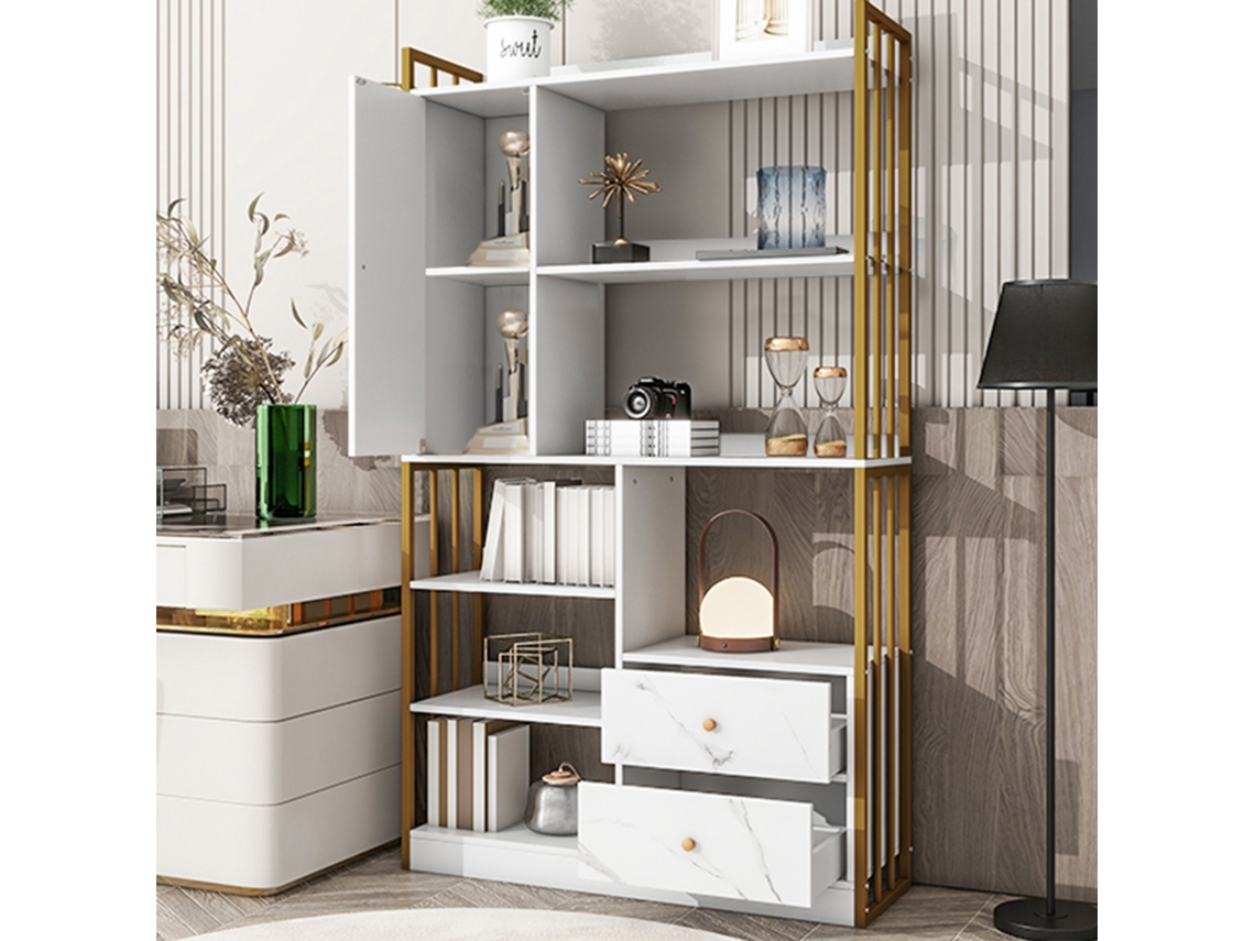 Estante com 5 Prateleiras, 1 Porta e 2 Gavetas Estilo Industrial Branco e Dourado NOVELA