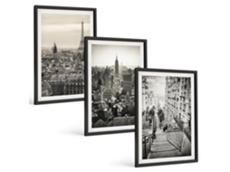 Galeria De Pinturas Murais Vistas De Paris, Nova York, Escadas Moldura Preta Quadros Para O Escritório Espelharte (3 Piezas De 40x60 Cm)