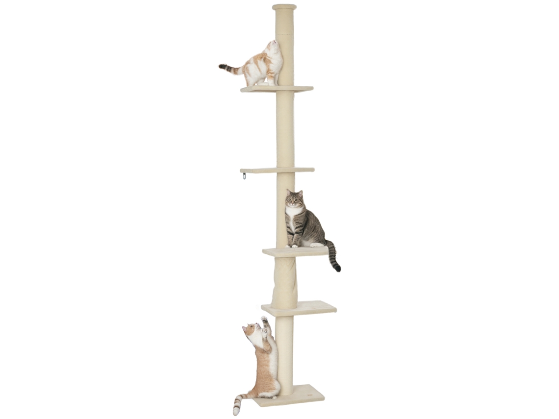 Árvore para Gatos, Altura Ajustável de 225 a 275 Cm, Base Estável, Dispositivo Anti tombamento, Revestimento em Pelúcia, Branco Creme ESSÊNCIACASA