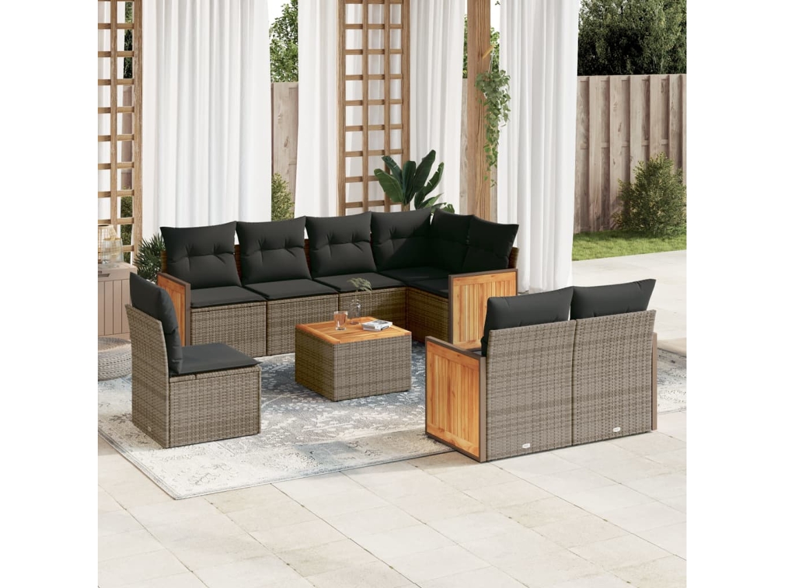 Vidaxl 9 Pcs Conjunto Sofás P/ Jardim Com Almofadões Vime Pe Cinzento