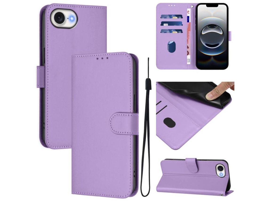Capa De Couro Sintético Para Iphone 17e - Toque Suave - Cor Sólida - Com Cordão