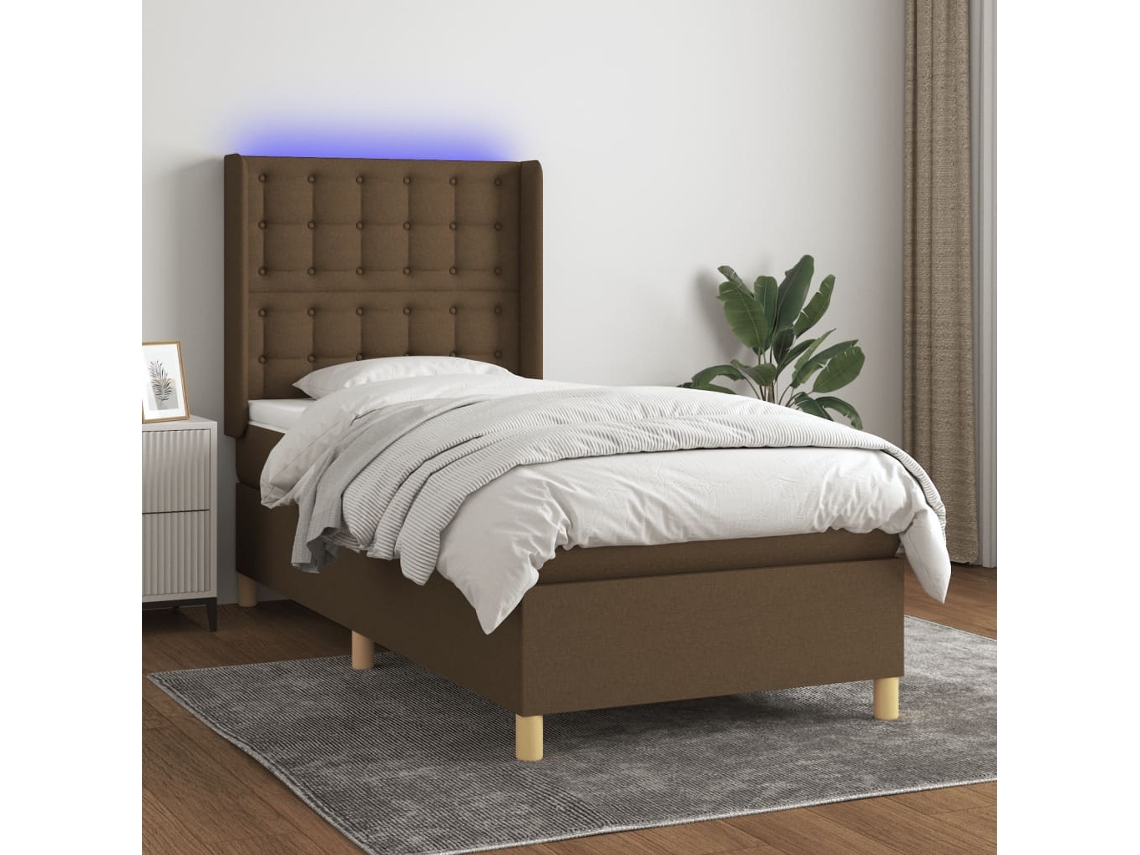 Vidaxl Cama Box Spring C/ Colchão/led 90x190 Cm Tecido Castanho-escuro