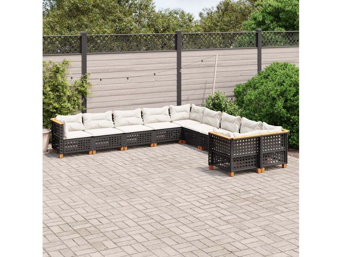 10 Pcs Conjunto Sofás De Jardim C/ Almofadões Vime Pe Preto Dkd Home Decor