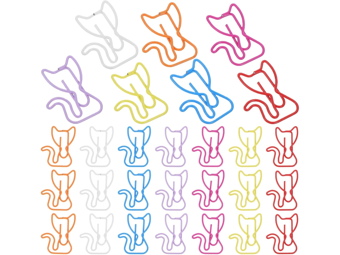 Conjunto de 50 mini clipes de papel em formato de gato para organizar documentos, feitos de metal com acabamento liso, ideais para mesa.