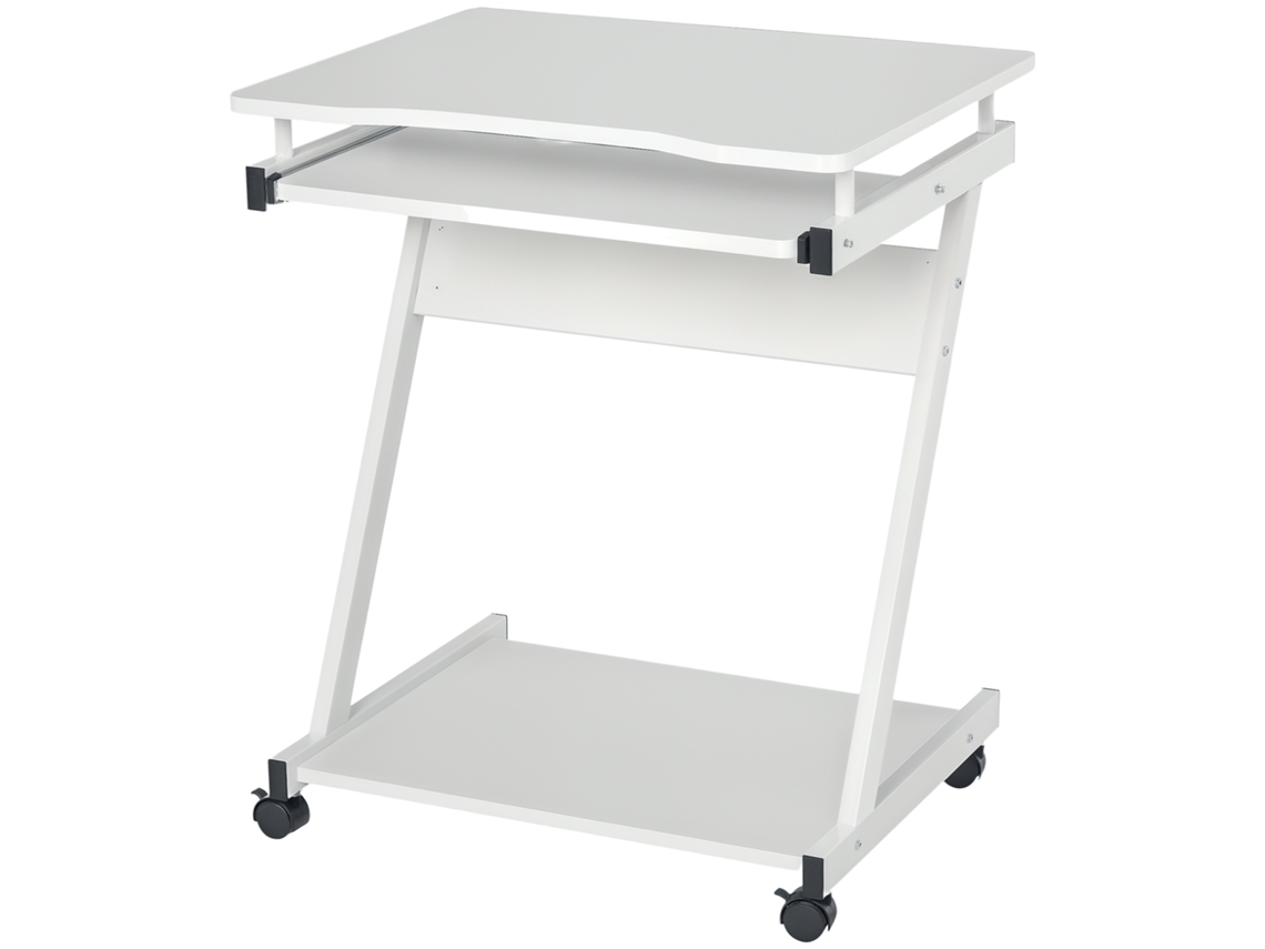 Mesa Para Pc Clássica E Compacta, Com Bandeja Retrátil Para Teclado, 4 Rodízios E Prateleira Inferior, Branca, 60x48x73cm