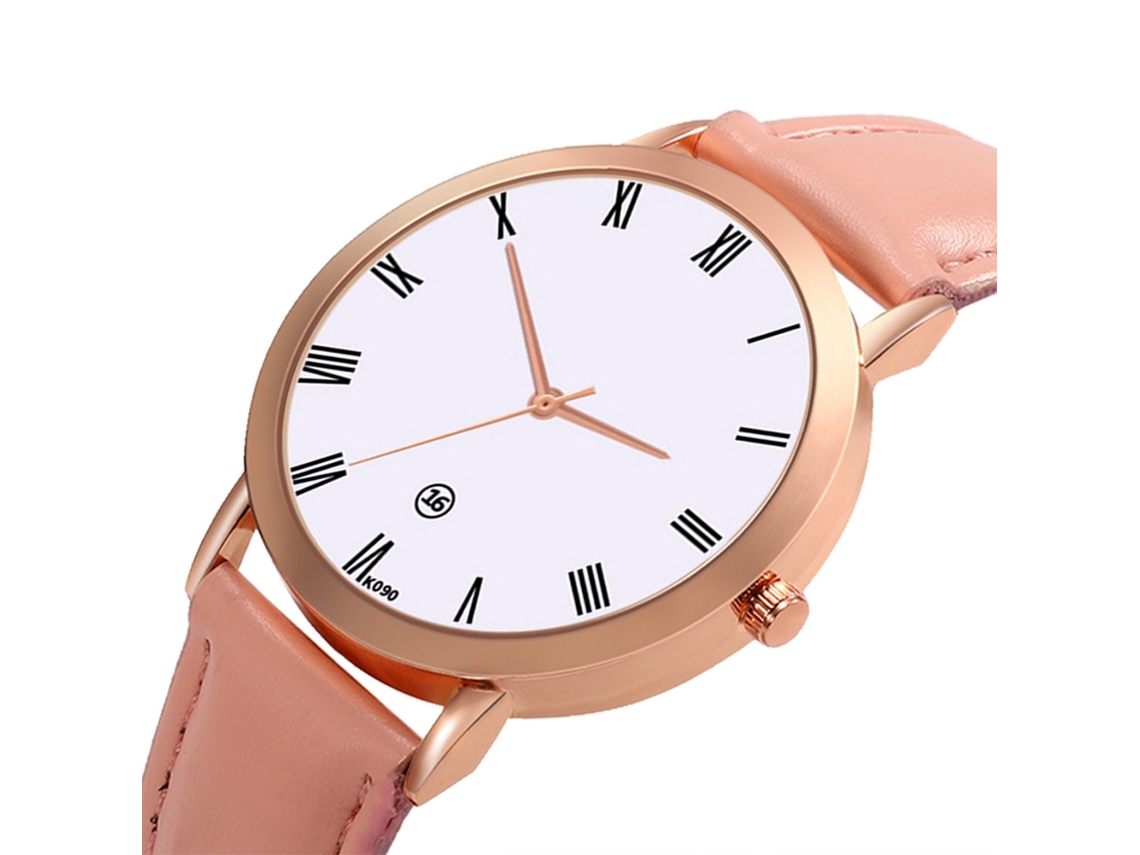 Relógio de Pulso Feminino de Couro Pu Casual Quartzo Estilo Moda Rosa