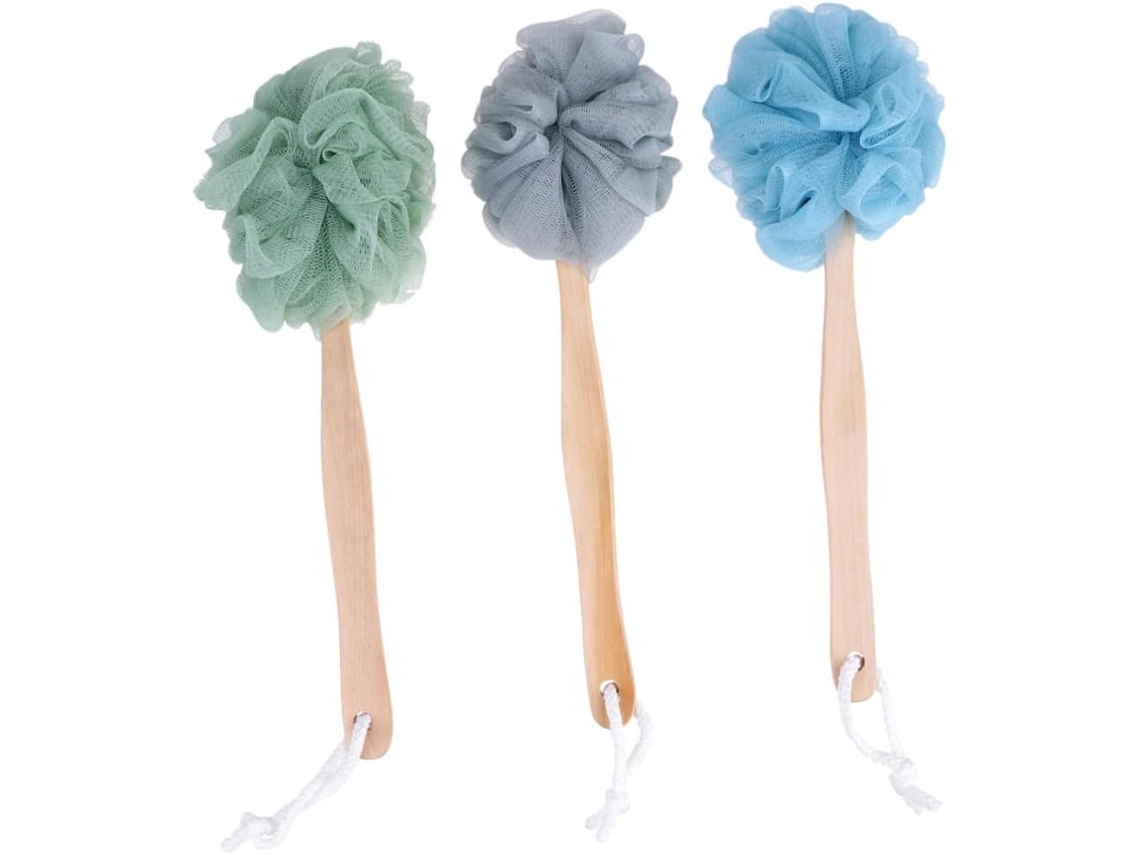 Conjunto De 3 Escovas Banho Ergonômicas Em Nylon Com Estampa Floral Cinza E Verde Para Toda A Família