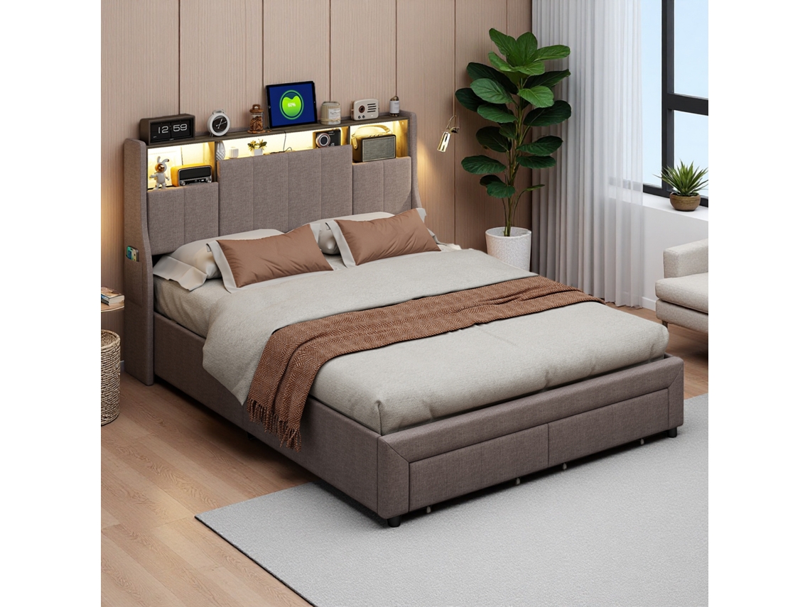 Cama De Casal Moderna 140x200cm, Cama Com Arrumação E Gavetas, Cabeceiro Com Led Rgb E Bolsos, Tecido De Linho Cinzento, Estilo Minimalista