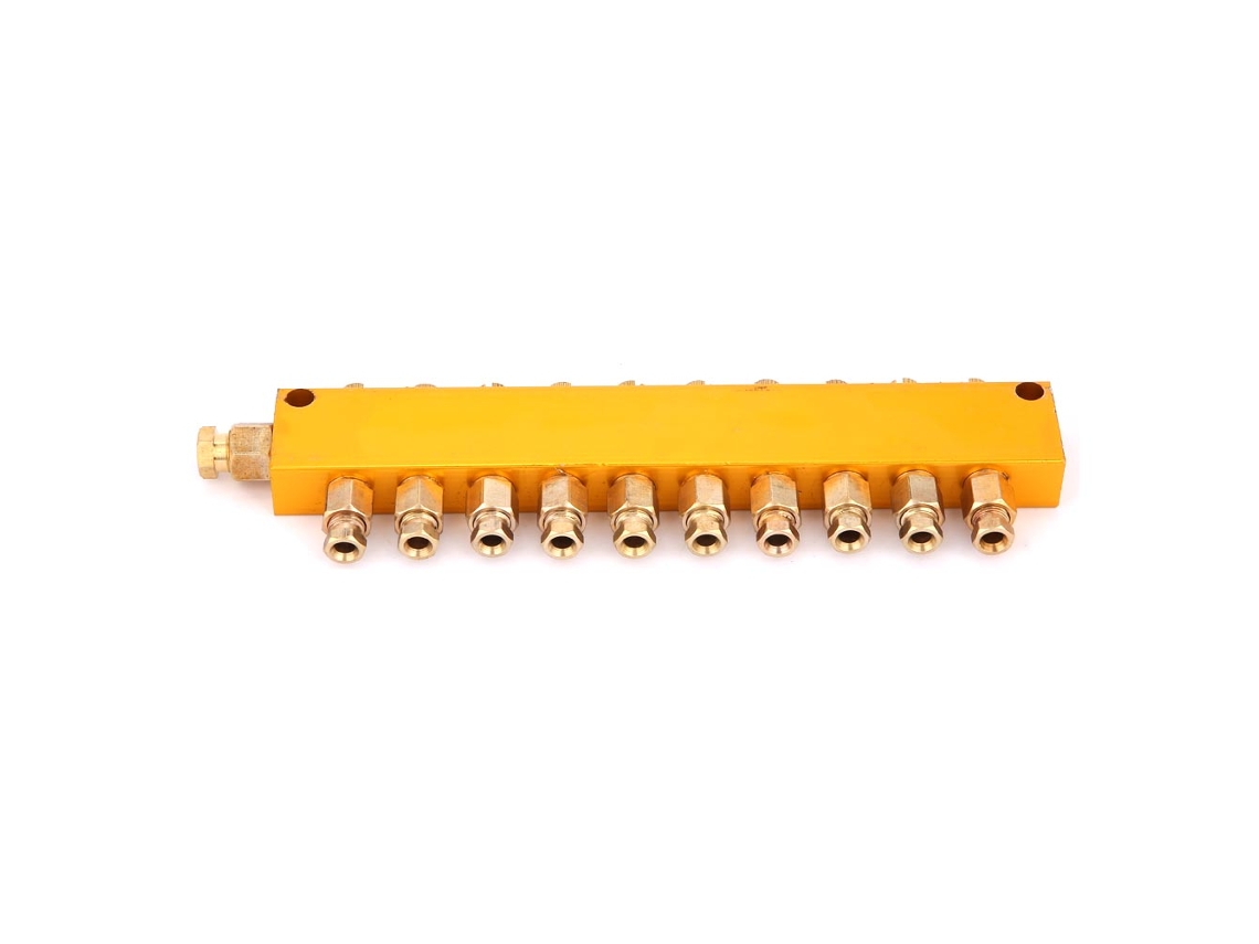 Bloco coletor de distribuição de óleo ajustável em latão, entrada de 6 mm, saída de 4 mm, 1 entrada e 10 saídas.