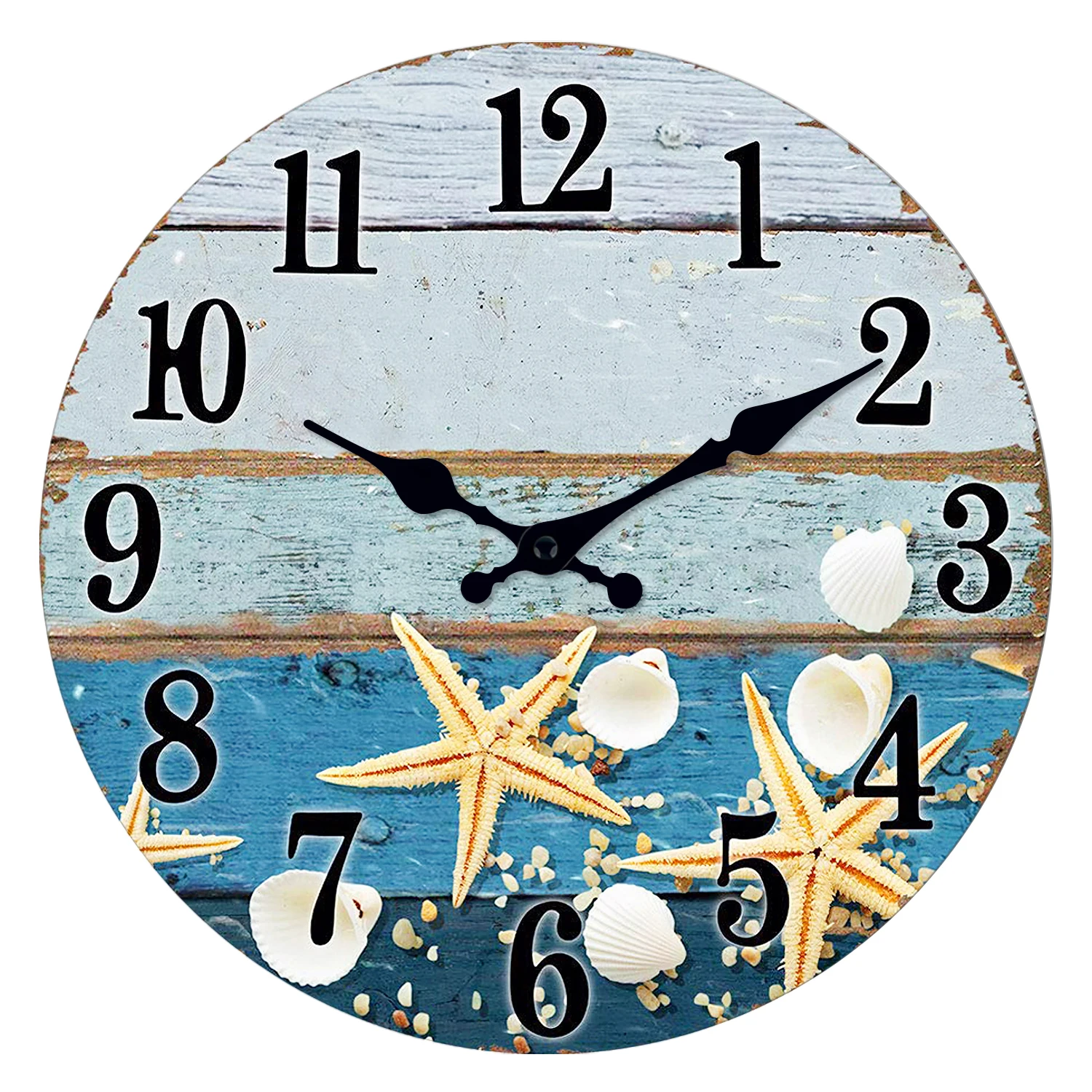 Relógio de parede vintage de madeira (30 cm) com textura de concha de estrela-do-mar e mecanismo de quartzo silencioso.