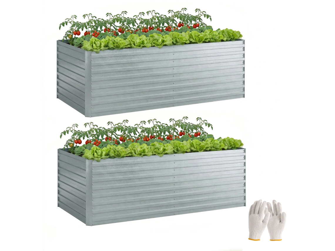 Conjunto de 2 Camas Elevadas em Metal Galvanizado com Borda de Segurança. Vaso Elevado para Vegetais. Prata Ge