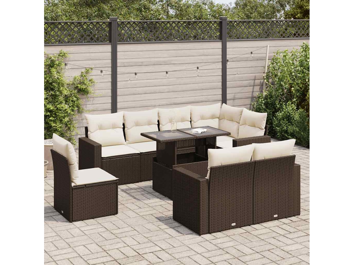 Vidaxl 9 Pcs Conjunto Sofás P/ Jardim C/ Almofadões Vime Pe Castanho
