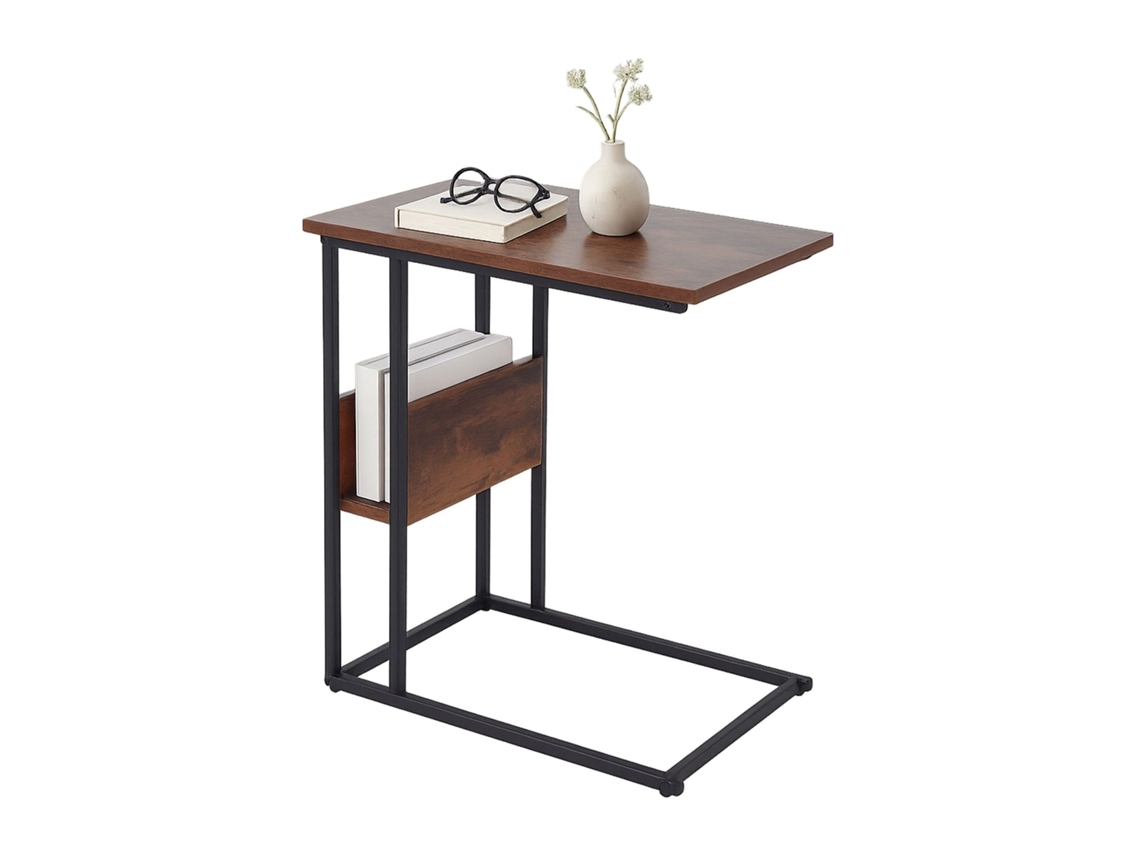 Mesa Lateral Em Formato C Com Efeito Madeira E Estrutura Metálica
