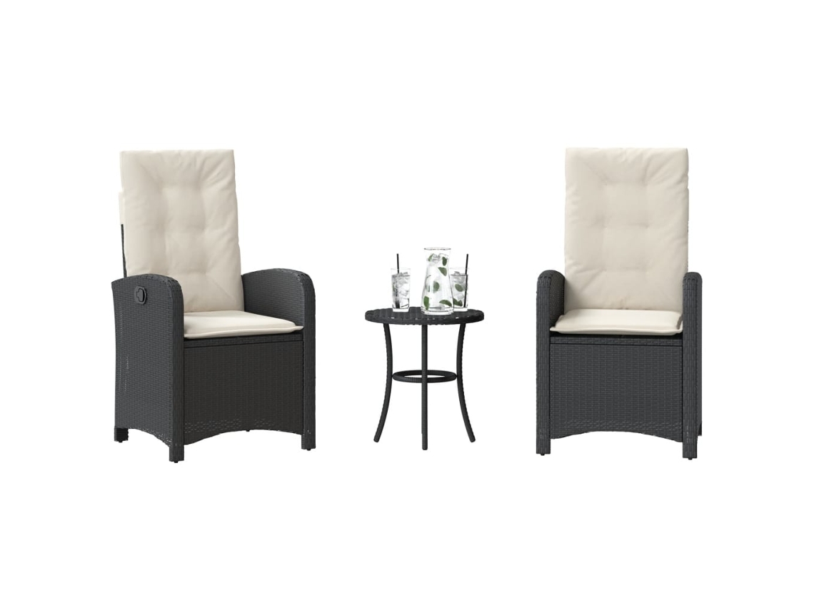 Vidaxl 3 Pcs Conjunto De Bistrô Com Almofadões Vime Pe Preto