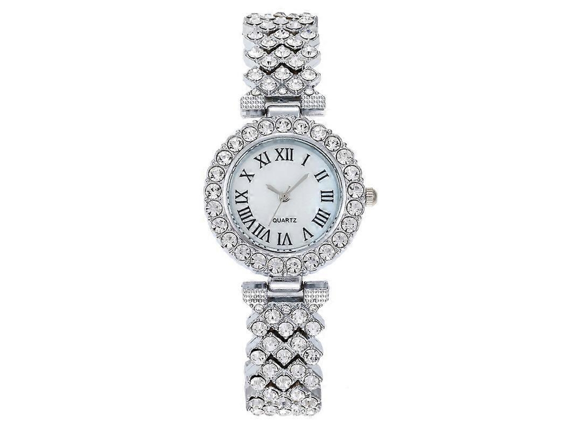 Relógio Feminino De Quartzo Com Padrão Romano E Diamantes, Cor: Prateado