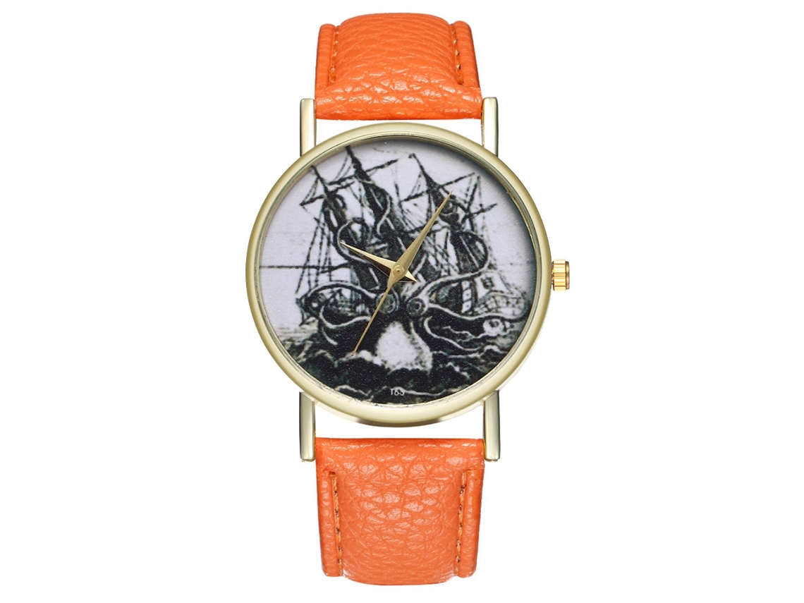Relógio de pulso masculino vintage simples e moderno com mecanismo de quartzo, pulseira de couro PU laranja T63-a
