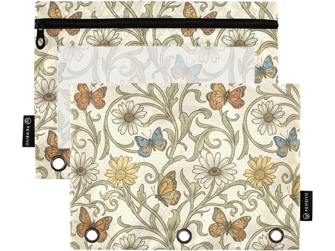 Pasta William Morris Bege com estampa de margaridas e borboletas, com compartimentos transparentes para lápis e zíperes.