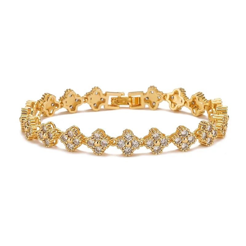 Pulseira De Zircônia Com Trevo De Quatro Folhas (dourada E Branca), Presente Auspicioso De Amizade Com Cristais Coloridos