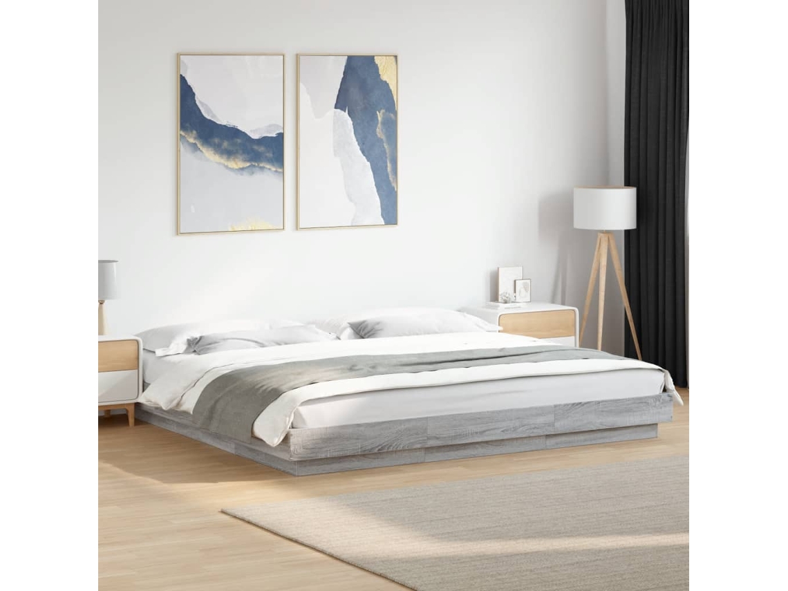 Vidaxl Estrutura De Cama C/ Luzes Led Derivados Madeira Cinza Sonoma