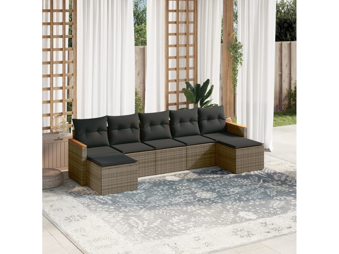 Jogo 7 Peças Sofás P/ Jardim C/ Almofadões Vime Pe Cinza Dkd Home Decor