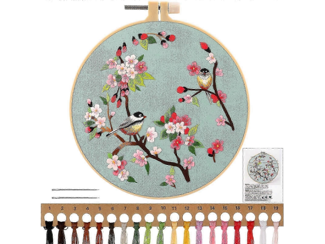 Kit Inicial Para Bordado De Pássaros E Flores Verdes, Kit De Bordado Com Carimbo Em Ponto Cruz Para Iniciantes Adultos Slowmoose